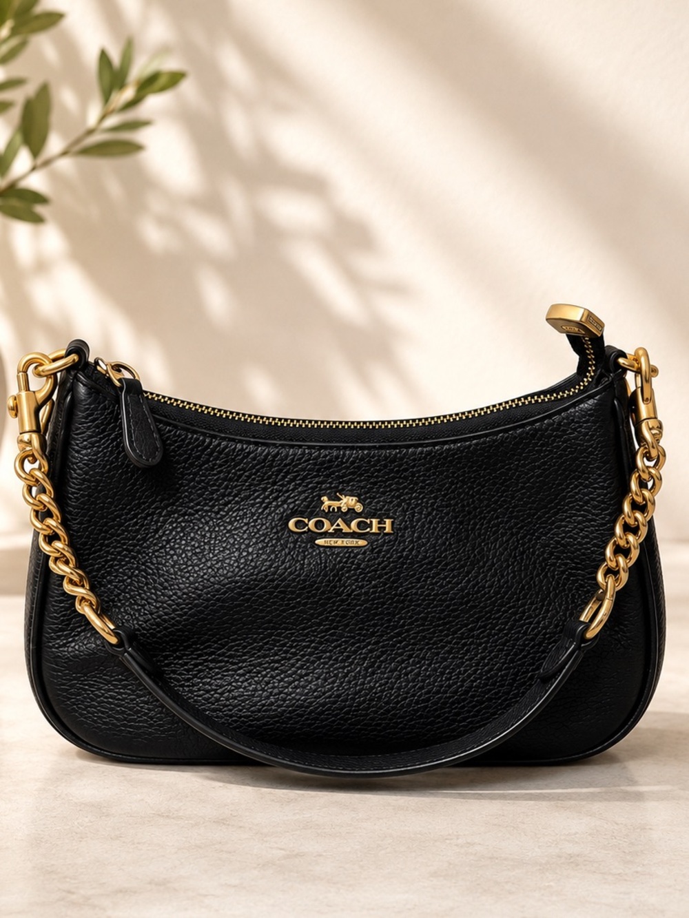 Coach Black Pebbled Leather Shoulder Bag with Gold Hardware